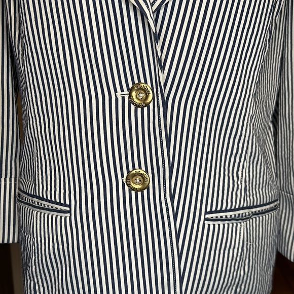 St. John Blazer Jacket Cotton Blend Seersucker Striped White and Blue Size 12 - Picture 3 of 9